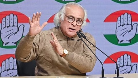 Congress general secretary in charge of communications Jairam Ramesh addresses a press briefing at the party headquarters in Delhi.