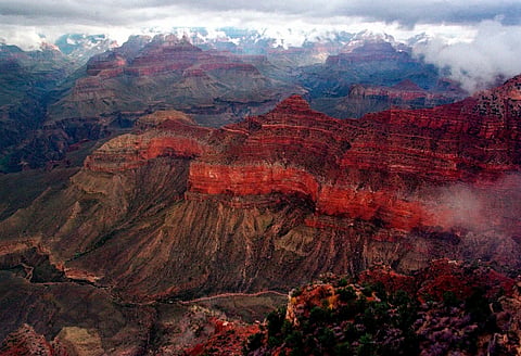The Kaibab Trail, running right to left at center, at Grand Canyon National Park on Jan. 20, 2001.