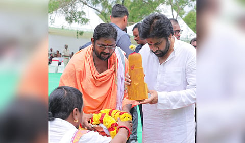 Deputy CM Pawan Kalyan during the foundation ceremony of Aranyaramam building on Friday.