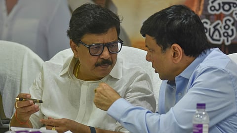Tourism minister Kandula Durgesh and Special Chief Secretary to the Government, YAT&C Department Ajay Jain during the press conference in Vijayawada on Friday.