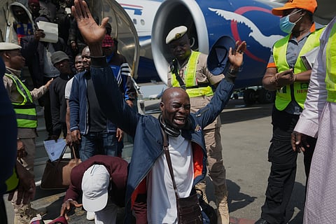 Nigerian nationals repatriated from South Africa, following concerns about unrest, reacts upon arrival at the Murtala Muhammed International Airport in Lagos, Nigeria, Thursday, June 11, 2026