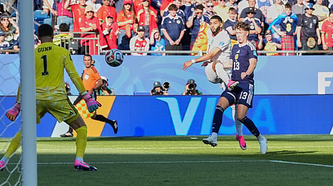 Morocco's Ismael Saibari, second from right, scores his side's opening goal during the World Cup Group C soccer match between Scotland and Morocco in Foxborough, Mass., near Boston, Friday, June 19, 2026.