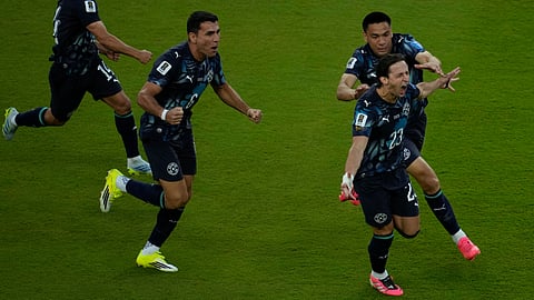 Paraguay's Matias Galarza, front, celebrates after scoring the opening goal against Turkey during the World Cup Group D soccer match in Santa Clara, Calif., near San Francisco, Friday, June 19, 2026.