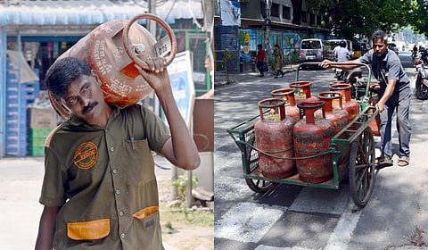 Staffs delivering LPG cylinders to consumers in Chennai.