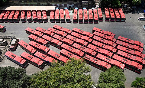 Buses parked at Mumbai central BEST depot as the employees of the Brihanmumbai Electric Supply and Transport (BEST) undertake an indefinite strike requiring various demands, in Mumbai, Maharashtra, Friday, June 19, 2026.