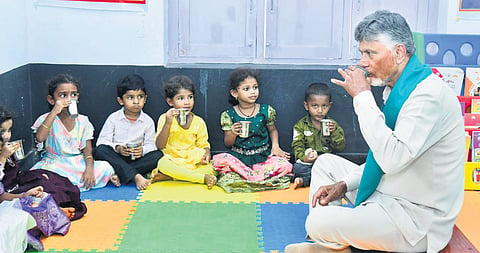 The Chief Minister visited the Anganwadi centre before participating in the Swachh Andhra-Swarna Andhra and Annadata Sukhibhava programmes in the village