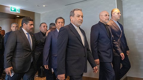 Minister of Foreign Affairs of Iran, Seyyed Abbas Araghchi, 3rd from right, and Speaker of the Islamic Parliament of Iran, Mohammed Bagher Ghalibaf, 2nd from right, with the Delegation of Iran at the Lake Lucerne Summit at the Buergenstock resort in Obbuergen, near Lucerne, Switzerland, Sunday, June 21, 2026.