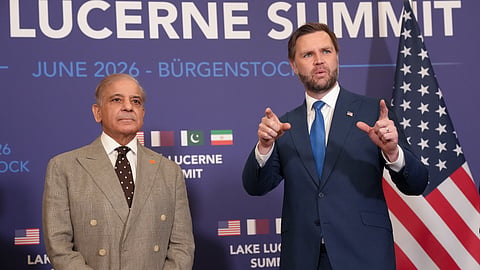 U.S. Vice President JD Vance, right, meets with Pakistan's Prime Minister Shehbaz Sharif, during high-level talks aimed at advancing a deal to end the Middle East conflict, at the Bürgenstock Resort in Obbuergen, near Lucerne, in Switzerland, Sunday, June 21, 2026.
