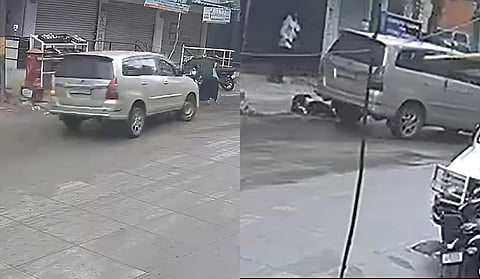 Video grabs from the viral CCTV clip show the Toyota Innova veering into a pedestrian (left) and zooming past as she is seen lying on the road (right) in Hill Colony under Asifnagar police station limits in Hyderabad on Sunday.
