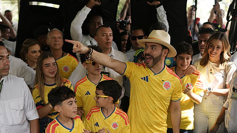 Presidential candidate Abelardo de la Espriella of the opposition Defenders of the Motherland movement arrives to vote with his family during the runoff election in Barranquilla, Colombia, Sunday, June 21, 2026