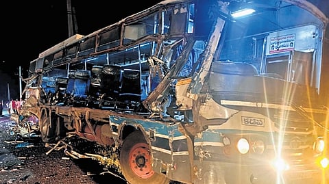 Police said the bus was travelling from Tirupati to Kadapa when a Chennai-bound truck from Yerraguntla crashed into its right side at 1 am.