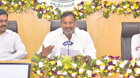 Transport Minister Mandipalli Ramprasad Reddy addressing the media at the Secretariat in Velagapudi on Monday.