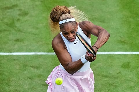 Serena Williams of the US returns the ball as she and Czech Republic's Karolina Muchova play during their round of 16 doubles match against New Zealand's Erin Routliffe and Mexico's Giuliana Olmo during the WTA 500 Berlin Open tennis tournament at Steffi Graf Stadium, in Berlin, Germany, Tuesday, June 16, 2026.