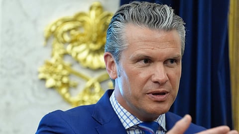 Defense Secretary Pete Hegseth speaks in the Oval Office of the White House during an executive order signing about quantum computing with President Donald Trump, Monday, June 22, 2026, in Washington.