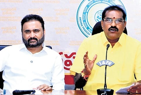 Water resources minister Nimmala Rama Naidu addressing the media on Tuesday.
