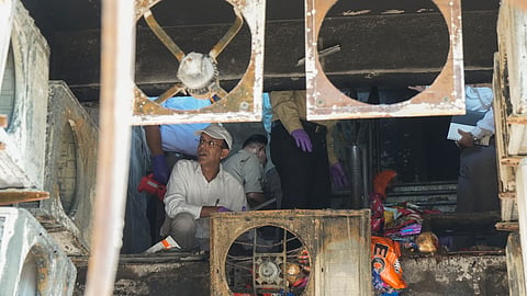 A team of Uttar Pradesh Forensic Science Laboratory (UP FSL) present at the site after a fire engulfed a three-story commercial building in a posh neighbourhood resulting in the deaths of 15 people in Lucknow, Uttar Pradesh, Tuesday, June 23, 2026.