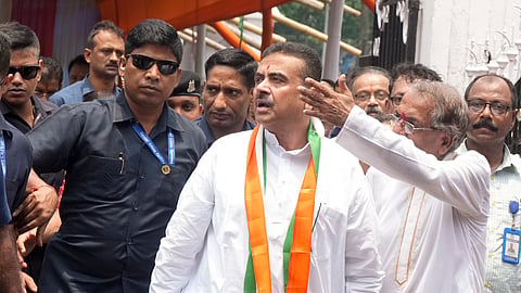 West Bengal Chief Minister Suvendu Adhikari after paying tribute to Shyama Prasad Mukherjee on the latter's death anniversary at Keoratala Burning Ghat in Kolkata, Tuesday, June 23, 2026.
