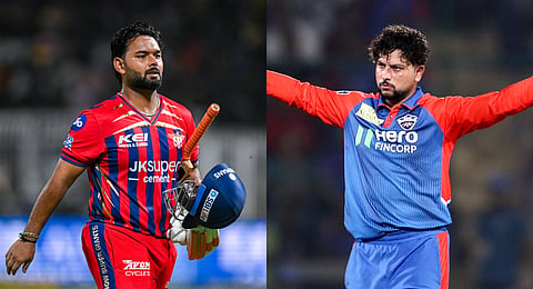 (L-R) LSG wicketkeeper-batter Rishabh Pant and DC spinner Kuldeep Yadav.