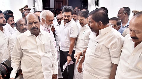 Opposition leader Udaynidhi Stalin speaks to the media after walkout at the last day of assembly session, in Chennai on Tuesday.