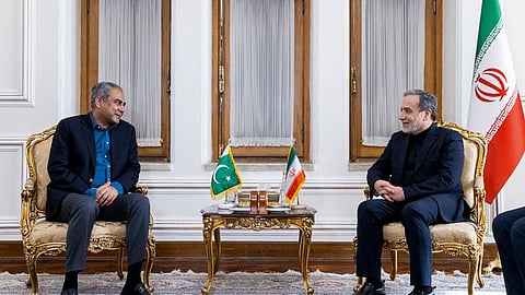 In this photo from June 20, 2026, Iran's Foreign Minister Abbas Araghchi, right, meets Pakistan's Interior Minister Mohsin Naqvi, in Tehran, Iran.