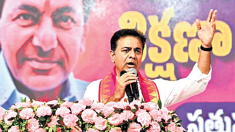 BRS working president KT Rama Rao addresses a party workers’ meeting in Sattupalli, Khammam district, on Wednesday.