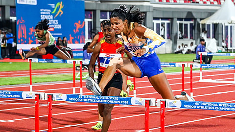Jyothi Yarraji competes in the 100m hurdles at the Kalinga Stadium on Wednesday