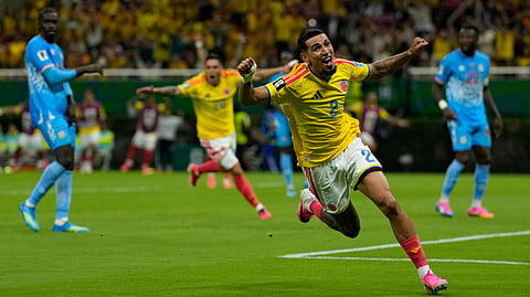 Colombia's Daniel Munoz celebrates after scoring his side's opening goal during the World Cup Group K soccer match between Colombia and Congo in Zapopan, near Guadalajara, Mexico, Tuesday, June 23, 2026.