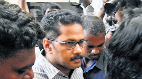Suspended CI SSVV Nagaraju being produced in court in Vijayawada on Wednesday