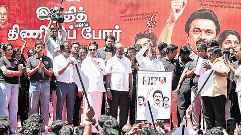 DMK leader A Raja addresses members of DMK students wing during the protest against NEET and the alleged Hindi imposition, in Chennai on Tuesday.