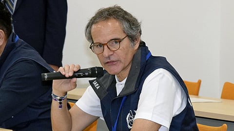 IAEA Director General Rafael Grossi speaks during a meeting with Tokyo Electric Power Company Holdings officials at Fukushima Daiichi nuclear power plant in Okuma, Fukushima Prefecture, Japan, Wednesday, June 24, 2026.
