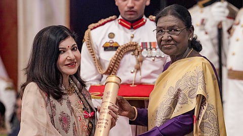 President Droupadi Murmu confers the Padma Bhushan to singer Alka Yagnik during the second civil investiture ceremony, at Rashtrapati Bhavan, in New Delhi, Tuesday, June 23, 2026.