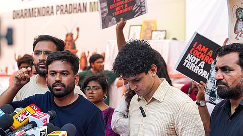 Cockroach Janta Party (CJP) founder Abhijeet Dipke addresses media during a protest over alleged examination irregularities, repeated paper leaks and demands for accountability from the government, in New Delhi, Wednesday, June 24, 2026.