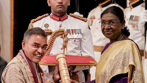 President Droupadi Murmu confers the Padma Shri to Sarat Kumar Patra during the second civil investiture ceremony, at Rashtrapati Bhavan, in New Delhi, Tuesday, June 23, 2026.