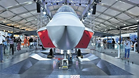A full-scale model of the fifth-generation Advanced Medium Combat Aircraft (AMCA) at Aero India 2025.