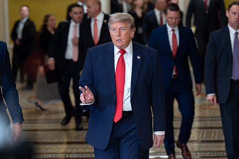 President Donald Trump heads to a meeting with Senate Republicans at the Capitol in Washington, Wednesday, June 24, 2026.