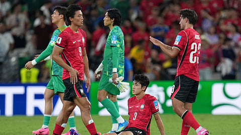South Korea's Lee Gi-hyeok (3) reacts after the World Cup Group A soccer match between South Africa and South Korea in Guadalupe, near Monterrey, Mexico, Wednesday, June 24, 2026.