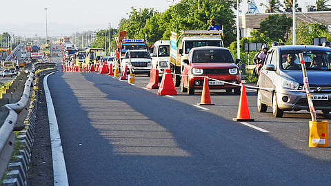 Dividers installed on the bridge across the Cauvery River to divert traffic on the Tiruchy-Chennai National Highway.