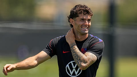 United States' Christian Pulisic attends a training session ahead of a FIFA World Cup match against Turkey in Irvine, Calif., Tuesday, June 23, 2026.