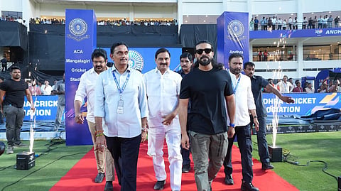 Film star Ram Charan at the ACA International Cricket Stadium in Mangalagiri during the Andhra Premier League matches on Wednesday.
