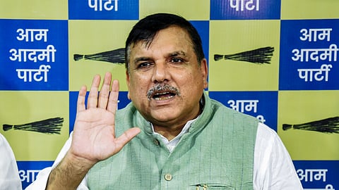AAP leader and Rajya Sabha MP Sanjay Singh addresses a press conference at the party office, in Lucknow.