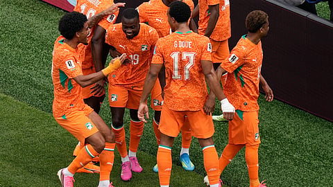 Ivory Coast's Nicolas Pepe (19) celebrates after scoring the opening goal during the World Cup Group E soccer match between Curacao and Ivory Coast in Philadelphia, Thursday, June 25, 2026.