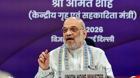 Union Home Minister Amit Shah addresses the 10th Apex-Level Meeting of the Narco-Coordination Centre (NCORD) at Vigyan Bhawan, in New Delhi on Friday, June 26, 2026.