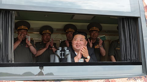 In this photo provided Friday, June 26, 2026, by the North Korean government, its leader Kim Jong Un, center, observes the weapon tests at an undisclosed location, North Korea, Thursday, June 25, 2026