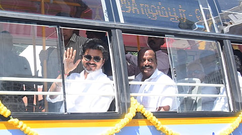 After flagging off the buses at the secretariat, Chief Minister Vijay boarded one, bought a ticket and travelled up to the War Memorial