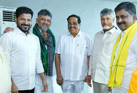 Karnataka CM Shivakumar, AP CM Chandrababu Naidu, and Telangana CM Revanth Reddy meet Union Minister C.R. Patil in Karnataka during the Inauguration ceremony of the 33 newly installed spillway gates at the Tungabhadra Dam at Hospet.