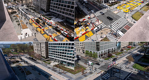 This combination of images shows Black Lives Matter plaza on 16th Street, NW, near the White House on March 10, 2025, top, as work was beginning to remove signage and markings, and on April 1, 2025, after the work was completed.