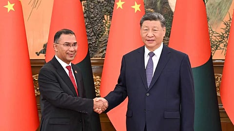 Bangladesh's Prime Minister Tarique Rahman and Chinese President Xi Jinping at the Great Hall of the People in Beijing, China, Friday, June 26, 2026.