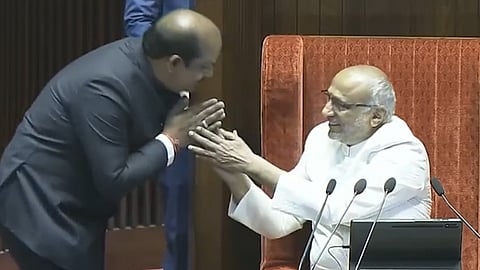 Newly elected Rajya Sabha member Lingamaneni Ramesh took oath in the Rajya Sabha Chamber on Thursday.