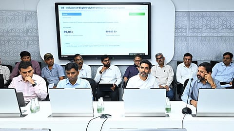 Minister for IT and HRD Nara Lokesh addressing a review meeting on RTGS at the Secretariat in Velagapudi on Friday.