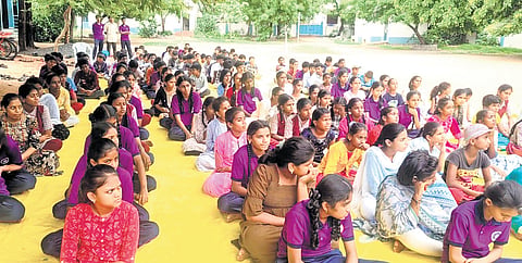 Students of government high school at Dhangarwadi, Karimnagar, attend an awareness programme on Child-Friendly Legal Services on Saturday.